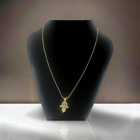 Colar Corrente Cabelo de Anjo Pingente Mão de Fátima Banho Ouro