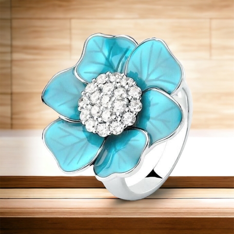 Anel Flor Esmaltada Na Cor Azul Com Zircônias Banhado a Ródio - comprar online