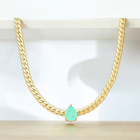 Choker Malha Groumet E Cristal Gota Turmalina Banhada A Ouro