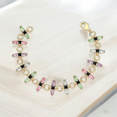 Pulseira Esmaltada E Com Cristais Coloridos Banhado A Ouro