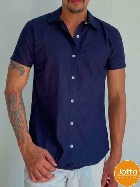 Camisa de botão - linho (Azul escuro) - comprar online