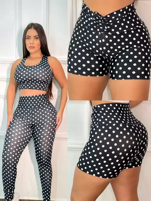 KIt Com 3 Pecas Calca Legging Cordinha Afina a cintura/Short Mais Top Poa Bolinha Preto Caveira Mexicana Roupa De Academia Fitness - comprar online