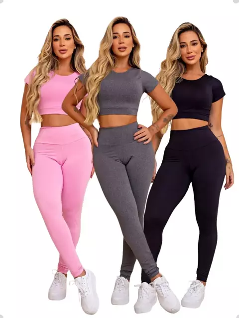 Kit 3 Conjunto Feminino Academia Calça Legging Cintura Alta Compressão Top Cropped Manga Curta Suplex Microfibra Malhar - comprar online