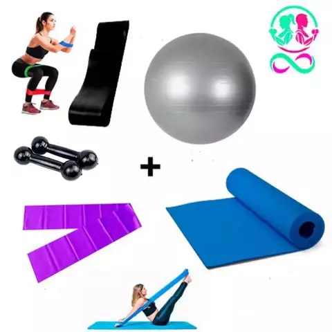 Kit Pilates Tapete 1,20mt + Faixa Elástica Média + Mini Band Média + Bola Suiça 65 + Par de Halter de 1KG