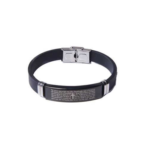 Pulseira Ethan Preta com Escrita Pai Nosso em Silicone