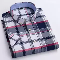 Imagem do Camisas Socias Masculina Oxford 100% Algodão - Manga Curta, Gola Quadrada, Estilo Sofisticado