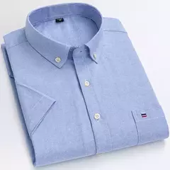 Imagem do Camisas Socias Masculina Oxford 100% Algodão - Manga Curta, Gola Quadrada, Estilo Sofisticado