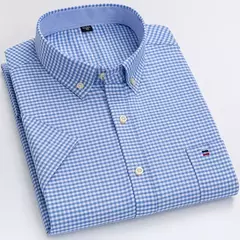 Imagem do Camisas Socias Masculina Oxford 100% Algodão - Manga Curta, Gola Quadrada, Estilo Sofisticado