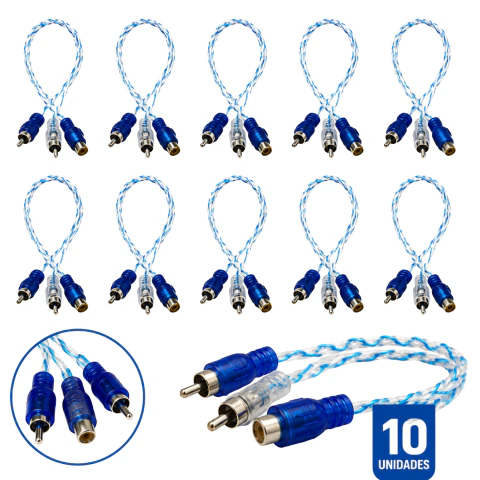 KIT 10 CABOS RCA Y BLINDADO AZUL/PRATA 2 MACHOS 1 FEMEA