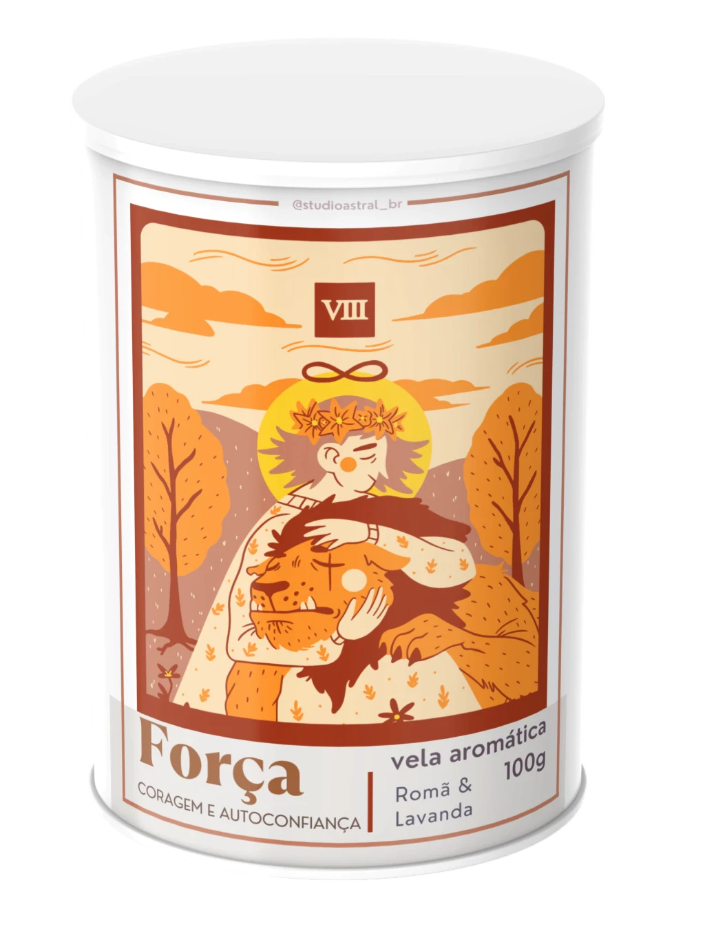 Vela Aromática Romã & Lavanda - Cartas Tarot | A Força e Coragem | Tubo Lata Exclusiva 100g