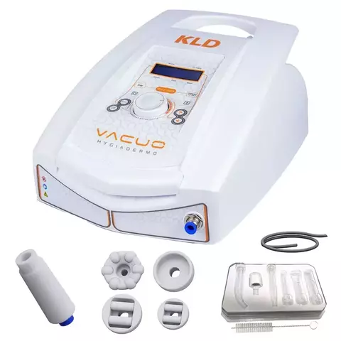 Aparelho de vacuoterapia Hygiadermo Vacuo da KLD com acessórios variados para tratamentos estéticos