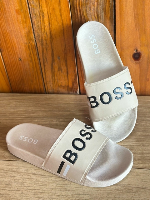 Chinelo Slide Masculino Bege Casual com Faixa Escrita