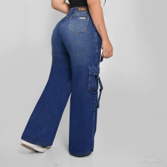 Jeans Pierna Ancha Dama Rigido Tiro alto 1 Pinza Cargo moderno ref: R0050 en internet