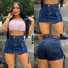 Falda Short dama jean stretch tiro alto 4 pinzas cargo tono azul claro ref:B659 - comprar en línea