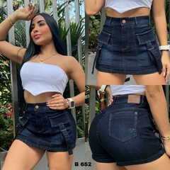 Falda Short dama jean stretch tiro alto cargo tono azul indigo ref:B652 - comprar en línea