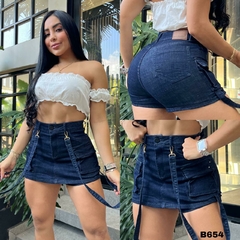 Falda Short dama jean stretch tiro alto cargo tono azul indigo ref:B654 - comprar en línea
