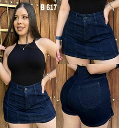 Falda Short dama jean stretch tiro alto moderno tono azul indigo ref:B617 - comprar en línea
