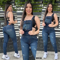 Overol Mono dama jean stretch tiro alto 3 pinzas urbano tono azul oscuro ref:B538 - comprar en línea