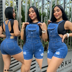 Overol Short dama jean stretch tiro alto urbano tono azul medio ref:B8025 - comprar en línea