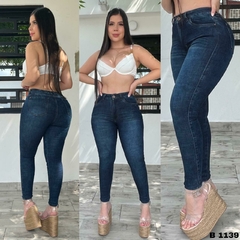 Skinny dama jean stretch tiro alto 3 pinzas clasico tono azul indigo ref:B1139 - comprar en línea