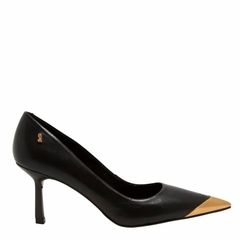 Scarpin Santa Lolla Couro Pelica Preto Bico Fino Metalizado