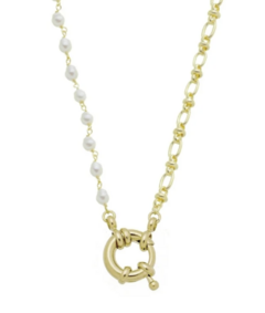 CONJUNTO CHOKER DE ELOS E PÉROLAS COM FECHO BÓIA FRONTAL E PINGENTE na internet