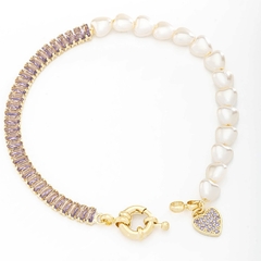 Pulseira Elegance Pérola Coração e Cristais Lilás - comprar online