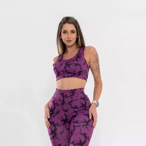 Conjunto Femenino Academia Tye Die Marmorizado Legging Cintura Alta Roupas Fitness