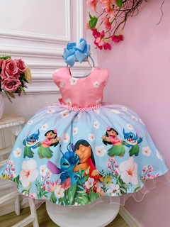 Vestido Stitch azul com rosa