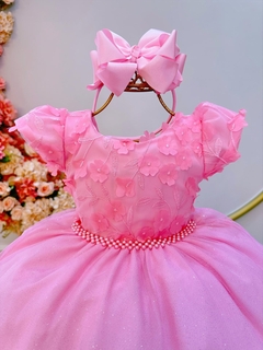 Vestido rosa com aplique flores - comprar online