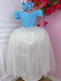 Vestido longo azul com branco