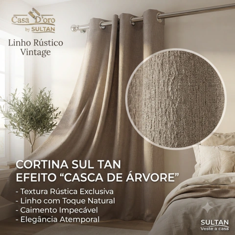 Cortina Linho Rústico Vintage Sultan 2,60x1,70m Ilhós Cromado Sala Quarto Efeito Linho Casca de Árvore - Fragrância Cosméticos