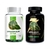 Combo com dois frascos de suplemento alimentar Amazon Slim Detox e Amazon Intense, cápsulas verdes em embalagens preta e branca