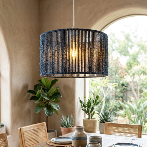 Luminária Pendente de Teto Fibra Natural de Sisal Colorido - Azul Mineral- 30cm - Lustre Artesanal