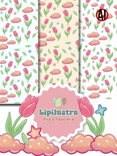 Kit de Papéis Digitais Tulipas Cute – Estampas Florais Seamless em PNG para Scrapbook, Papelaria e Impressão