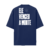 Camiseta oversized azul marinho com a frase "ELE VENCEU A MORTE" em destaque na parte de trás.