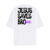 Camiseta oversized branca com a frase "JESUS SAVES BRO " em destaque na parte de trás.