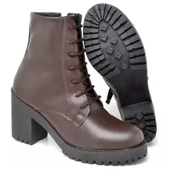 Bota Coturno Cano Curto Feminino Casual Outono Inverno Lisa com Salto Alto Quadrado Tratorado - EMISVILLE