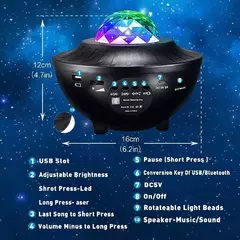 Luminaria Projetor Luzes Noturna Com Bluetooth Gira Estrelas Galaxia E59