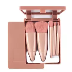 Kit 5 Pincéis De Maquiagem Com Mini Espelho Portátil