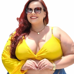 Cropped nula manga longa de decote V nó torcido na internet