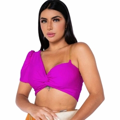 Cropped Feminino Nula Decote V Nó Torcido Uma Manga Curta E Outra Com Alça - loja online