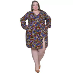 VESTIDO FEMININO CURTO DECOTE V FENDA LATERAL MANGA LONGA - EMISVILLE