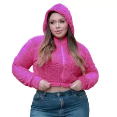 JAQUETA FEMININA TEDDY COM CAPUZ E ZÍPER CASAQUINHO PELUCIADO CURTO SHERPA MANGA LONGA