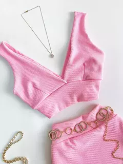Conjunto Feminino em Anarruga Saia Curta e Cropped Decotado Crislane