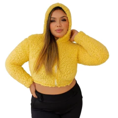 JAQUETA FEMININA TEDDY COM CAPUZ E ZÍPER CASAQUINHO PELUCIADO CURTO SHERPA MANGA LONGA - loja online