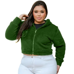 JAQUETA FEMININA TEDDY COM CAPUZ E ZÍPER CASAQUINHO PELUCIADO CURTO SHERPA MANGA LONGA