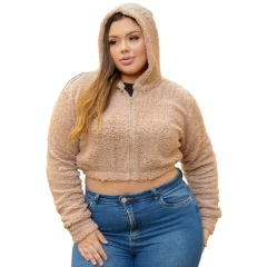 JAQUETA FEMININA TEDDY COM CAPUZ E ZÍPER CASAQUINHO PELUCIADO CURTO SHERPA MANGA LONGA