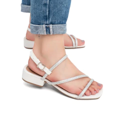 SANDÁLIA FEMININA SALTINHO BAIXO COM FIVELA E TIRA COM BRILHO - A013 BRANCO