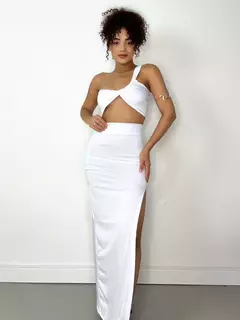 CONJUNTO FEMININO EM SUPLEX SAIA LONGA E CROPPED TRANSPASSADO CRISTIANA REF. 1344